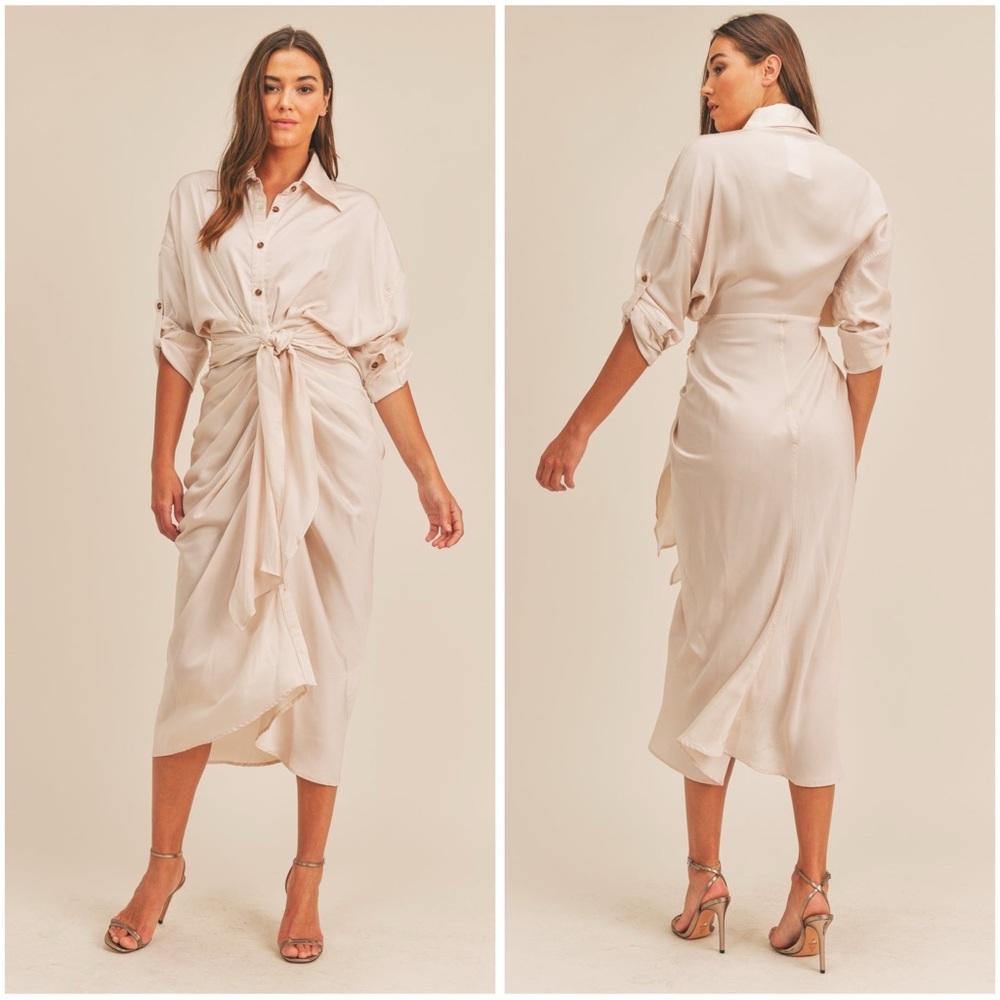 Mable Gwen Button Down Satin Shirt Dress Taupe Long Sleeve Midi Size Medium